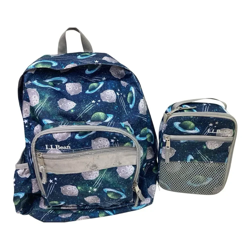 Vintage LL Bean Kids All Over Print Outer Space Planet Backpack Bag & Lunchbox